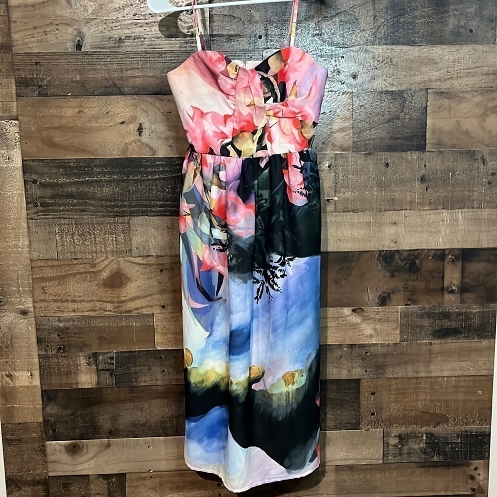 Anthropologie Pink and Black Floral Midi Dress